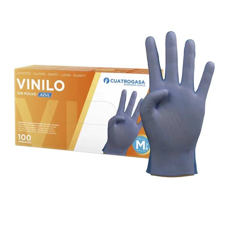 Cuatrogasa Guantes Vinilo Sin Polvo Azul Talla M, 100 Unidades