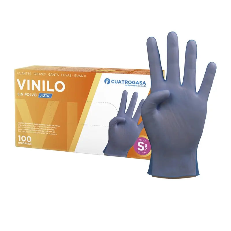 Cuatrogasa Guantes Vinilo Sin Polvo Azul Talla S, 100 Unidades