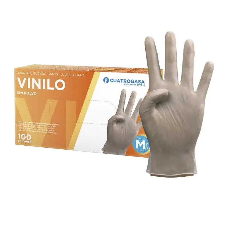 Cuatrogasa Guantes Vinilo Sin Polvo Transparente Talla M, 100 Unidades