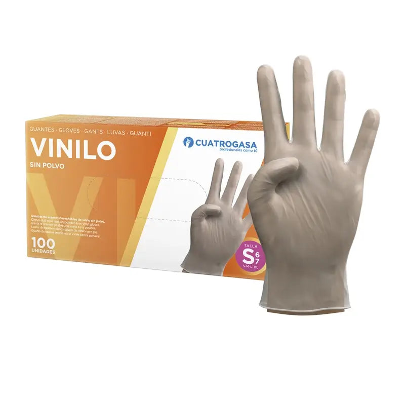 Cuatrogasa Guantes Vinilo Sin Polvo Transparente Talla S, 100 Unidades