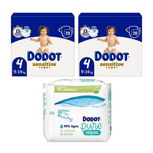 Dodot Pack 2X Sensitive Talla 4 Para Bebé 9 Kg - 14 Kg 144 Uds + Toallitas 6X