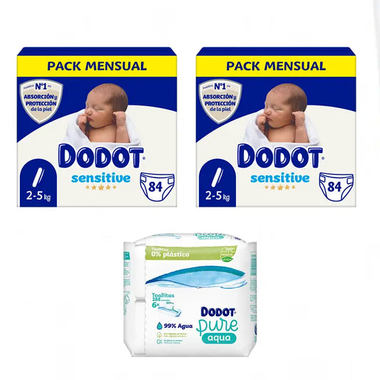 Dodot Sensitive Recién Nacido Box Talla 1, 2 x 84 Unidades + Toallitas Pure Aqua Para Bebé 288 Unidades