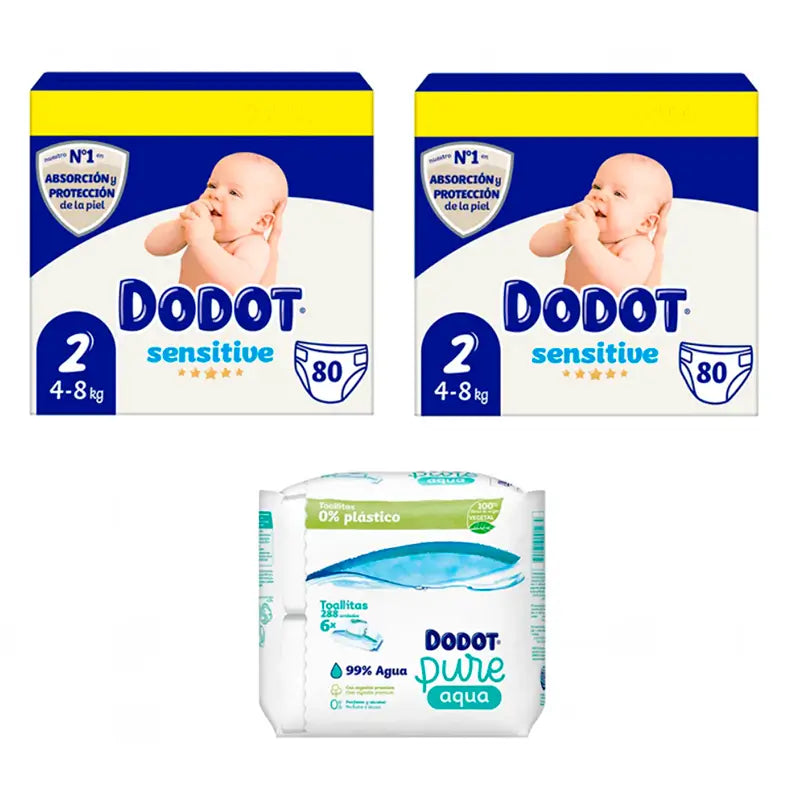 Dodot Sensitive Pañal Recién Nacido Talla 2, 2 x 80 Unidades + Toallitas Pure Aqua Bebé 288 Unidades