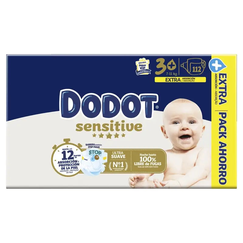 Dodot Sensitive Talla 3+, Para Bebé, 7Kg-11Kg , 112 pañales