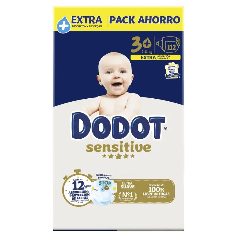 Dodot Sensitive Talla 3+, Para Bebé, 7Kg-11Kg , 112 pañales