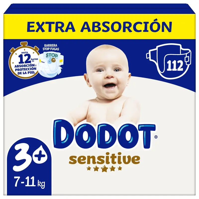 Dodot Sensitive Talla 3+, Para Bebé, 7Kg-11Kg , 112 pañales