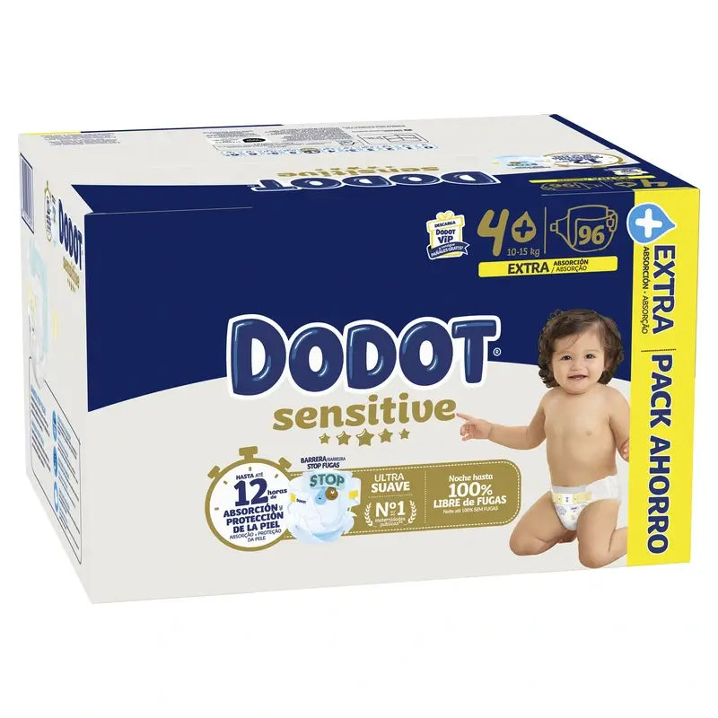 Dodot Sensitive Talla 4+,Para Bebé, 10Kg-15Kg , 96 pañales