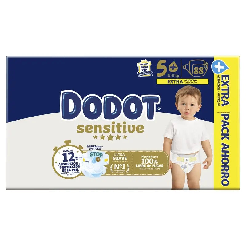 Dodot Sensitive Talla 5+ Para Bebé, 12Kg-17Kg , 88 pañales