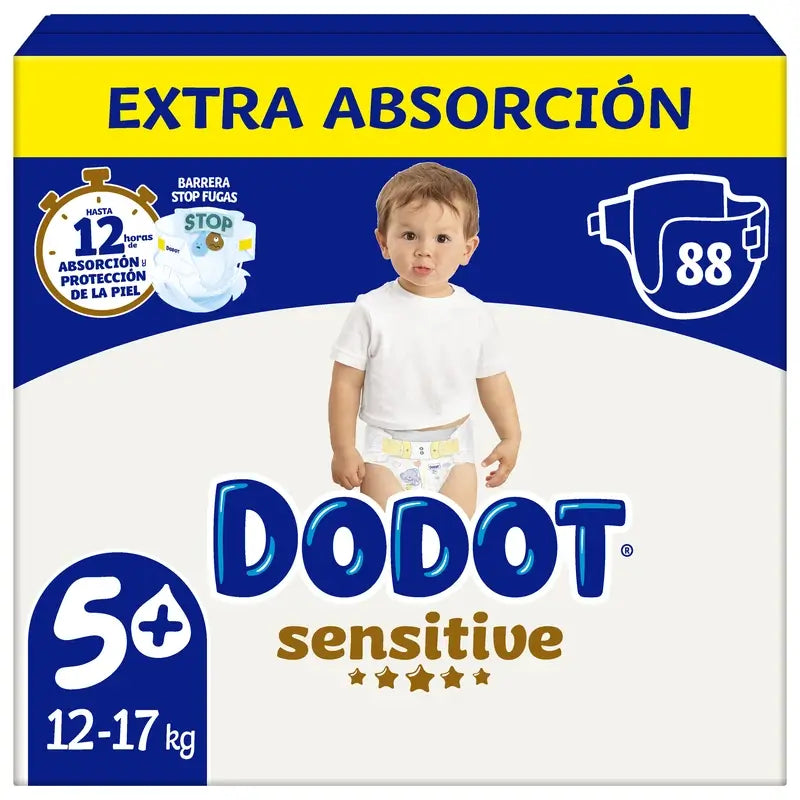 Dodot Sensitive Talla 5+ Para Bebé, 12Kg-17Kg , 88 pañales