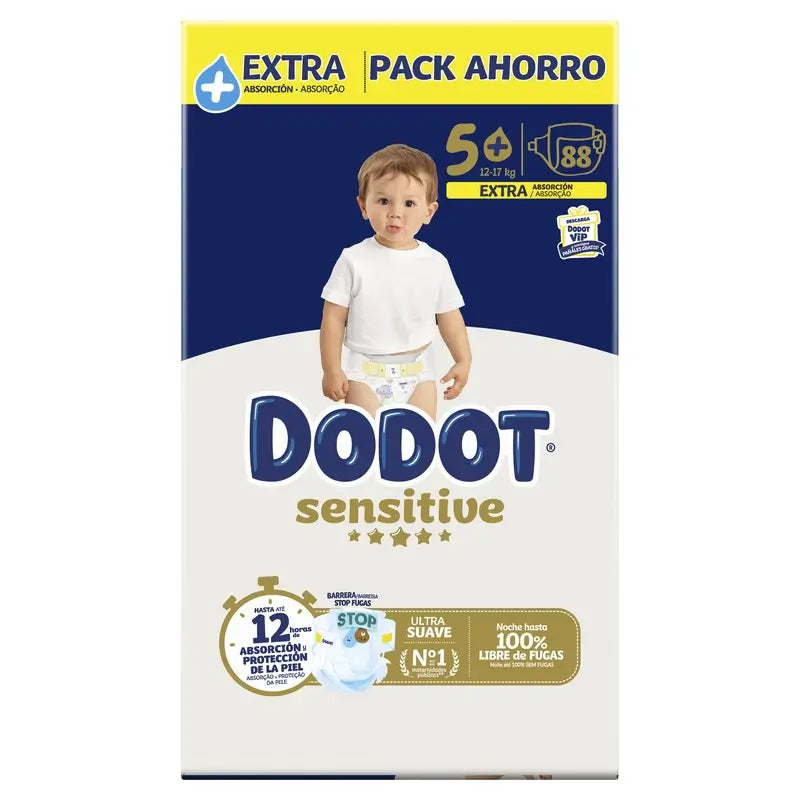 Dodot Sensitive Talla 5+ Para Bebé, 12Kg-17Kg , 88 pañales