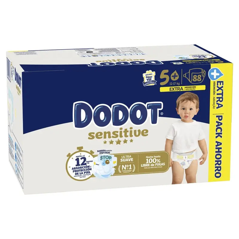 Dodot Sensitive Talla 5+ Para Bebé, 12Kg-17Kg , 88 pañales