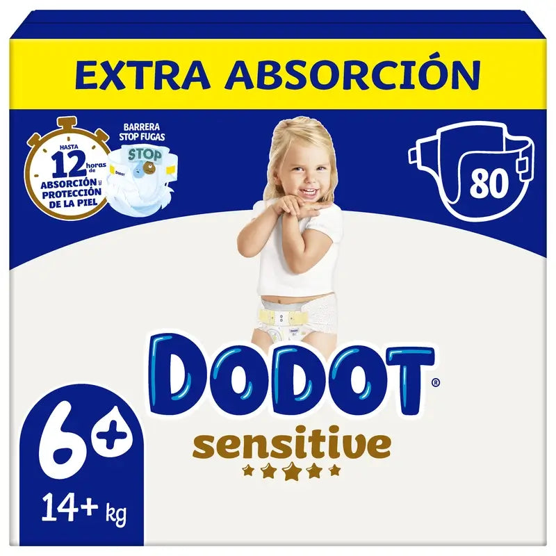 Dodot Sensitive Talla 6+, Para Bebé, 14Kg+ , 80 pañales