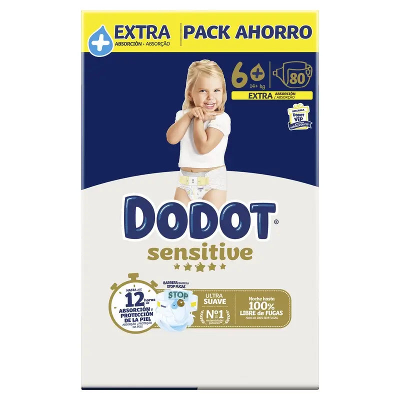 Dodot Sensitive Talla 6+, Para Bebé, 14Kg+ , 80 pañales