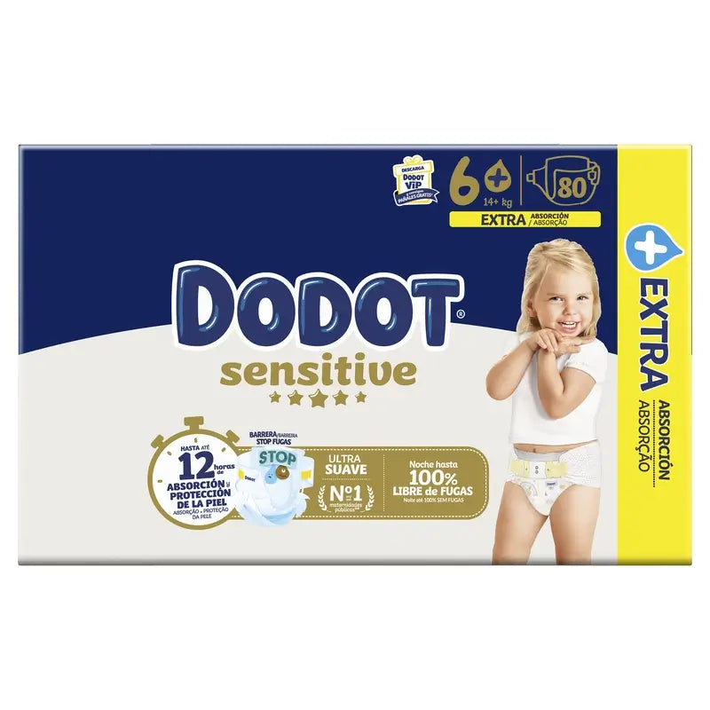 Dodot Sensitive Talla 6+, Para Bebé, 14Kg+ , 80 pañales