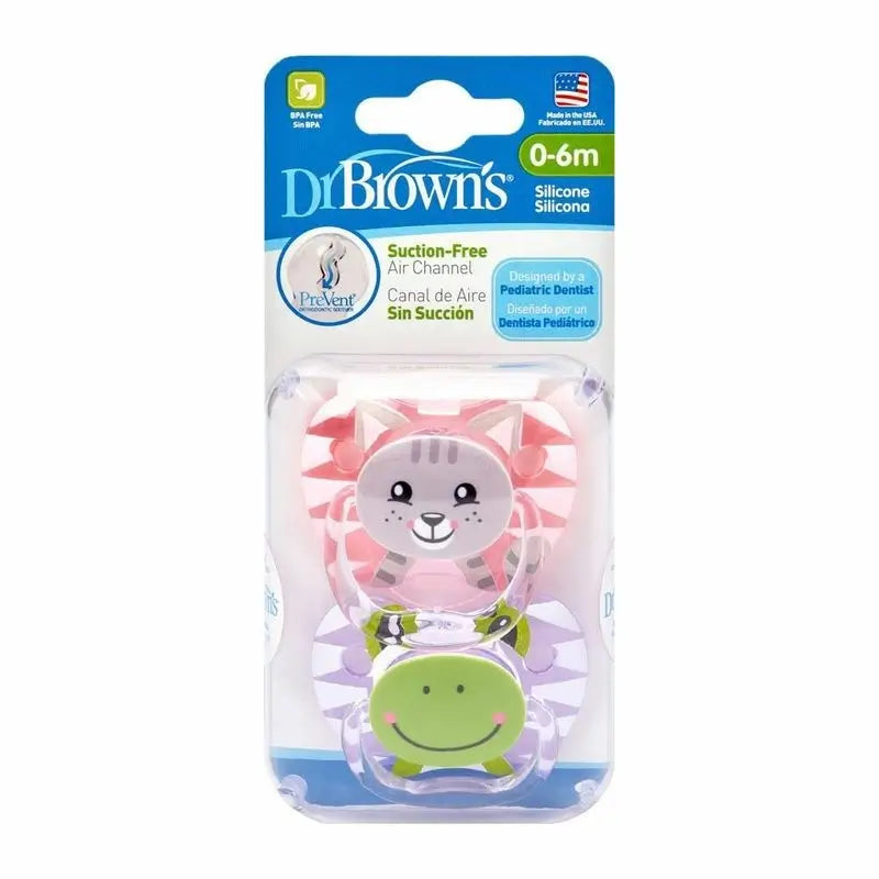 Dr. Brown's Chupete Prevent Classic Animal Faces T1 0-6 Meses Niña, 2 unidades