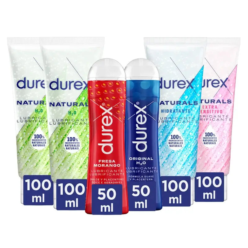 Durex Pack Lubricantes Nat, 2x100Ml + Ácido Hialurónico, 100 Ml + Extra Sensitivo, 100 Ml + Original, 50 Ml + Fresa, 50 Ml