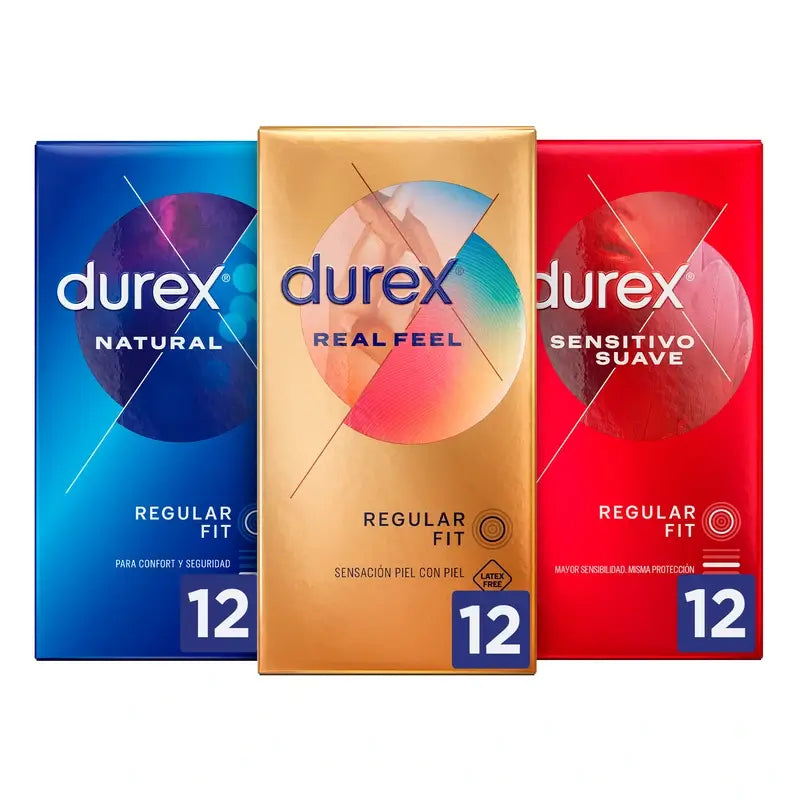 Durex Pack Preservativos Originales Natural Plus, 12 Unidades + Sensitivo Suave, 12 Unidades + Real Feel, 12 Unidades