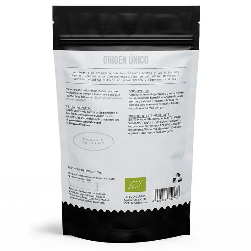 Edward Fields Tea Té Blanco  Ecológico A Granel 30 Tazas , 60 gr