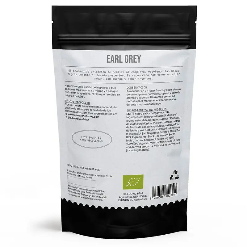 Edward Fields Tea Té Negro Earl Grey Ecológico A Granel 30 Tazas , 60 gr