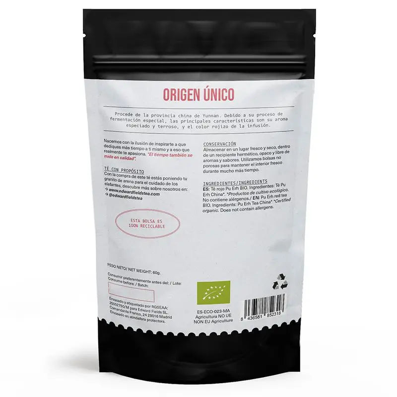 Edward Fields Tea Té Rojo Pu Erh  Ecológico A Granel 30 Tazas , 60 gr