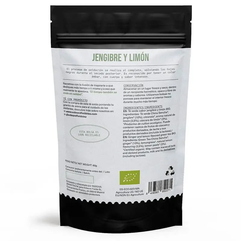 Edward Fields Tea Té Verde  Ecológico A Granel Con Jengibre Y Limón 30 Tazas , 60 gr