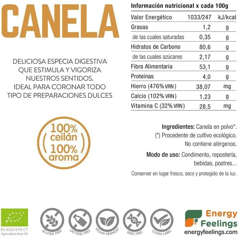 Energy Feelings Canela Polvo 1Kg. Eco Vegan Sg