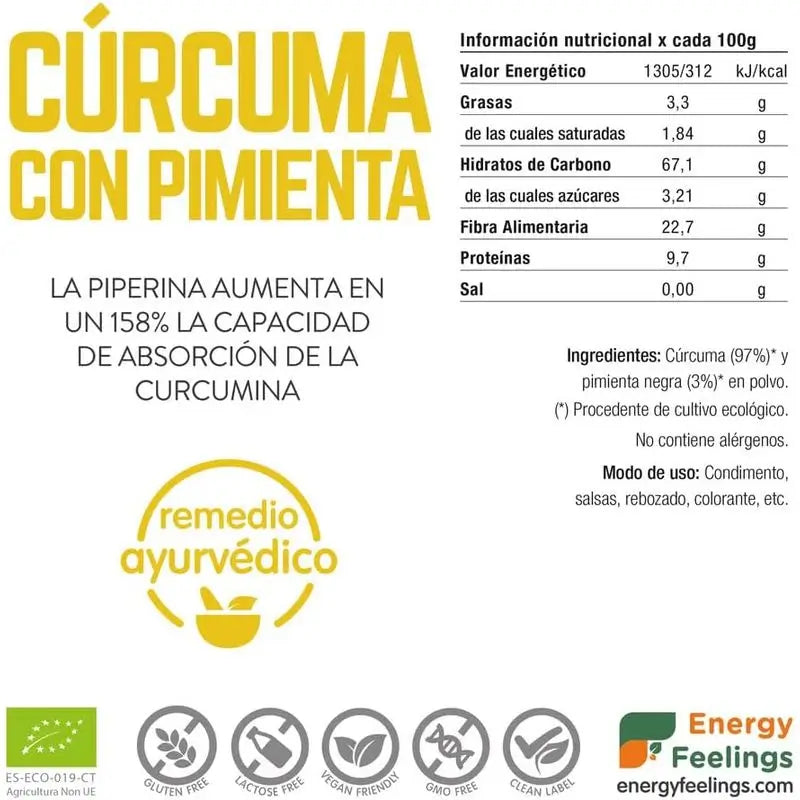 Energy Feelings Curcuma Con Pimienta Polvo 1Kg. Eco Vegan Sg