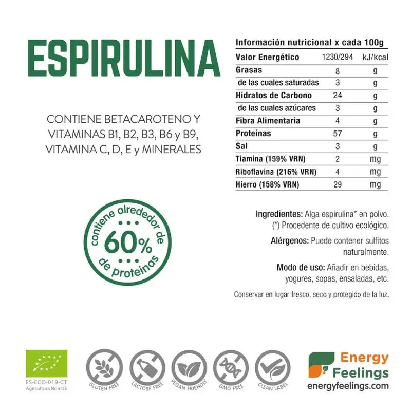 Energy Feelings Espirulina Polvo 200Gr. Eco Vegan Sg