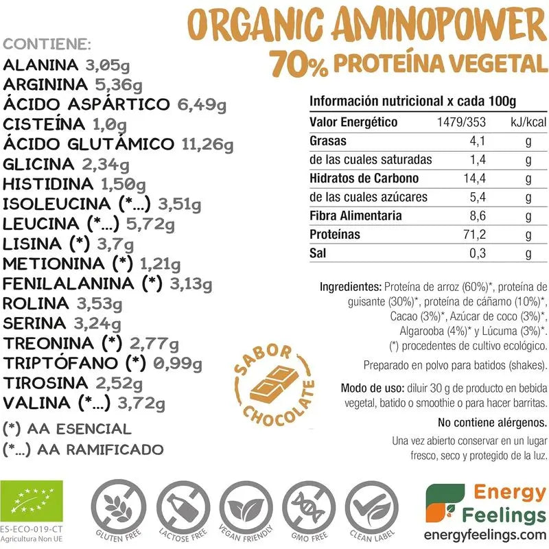 Energy Feelings Organic Aminopower 70% Chocolate 200G Eco Vegan Sg