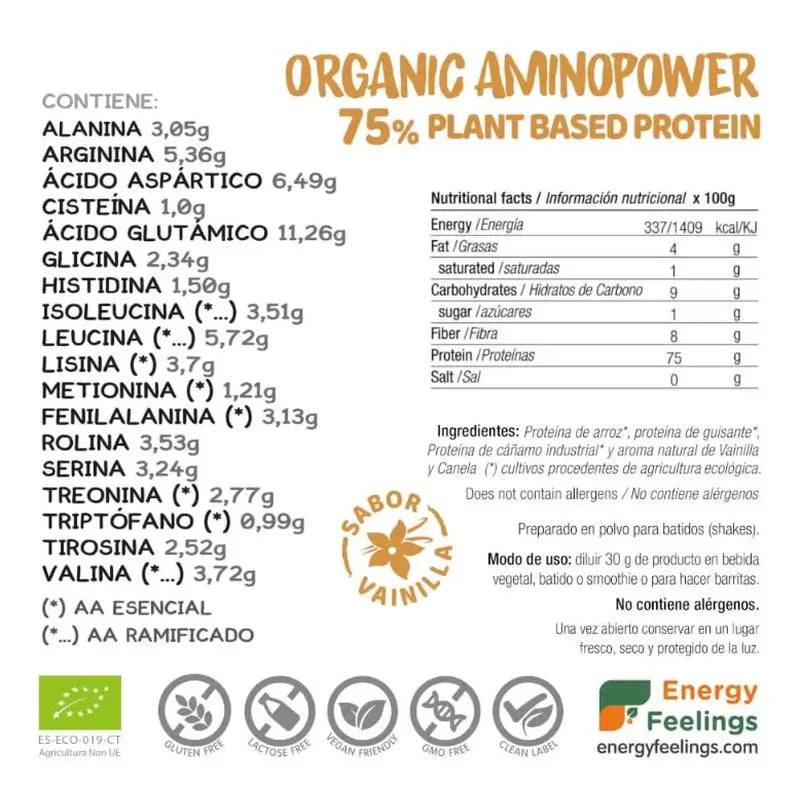 Energy Feelings Organic Aminopower 77% Vainilla 500Gr Eco Vegan Sg