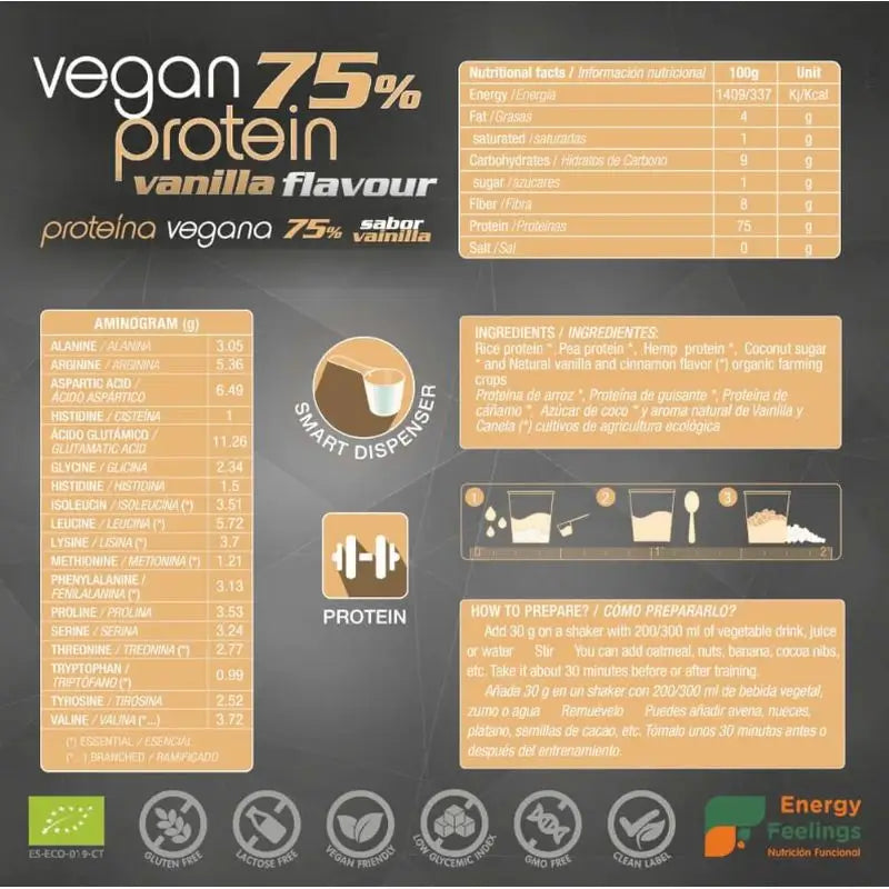 Energy Feelings Proteina Vegana 77% Vainilla 1,5Kg. Eco Vegan Sg