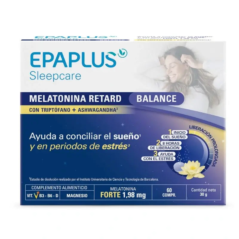 Epaplus Sleepcare Melatonina Retard Balance Con Triptófano, 30 gramos, 60 comprimidos