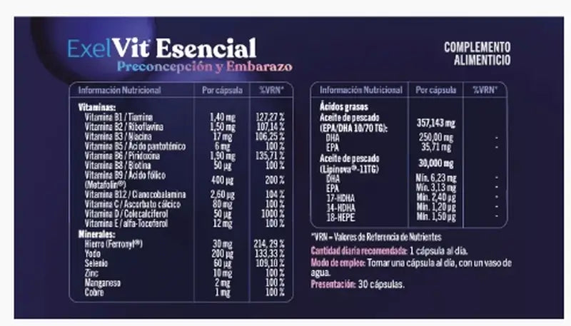 Exelvit Esencial Preconcepción y Embarazo, 30 Cápsulas