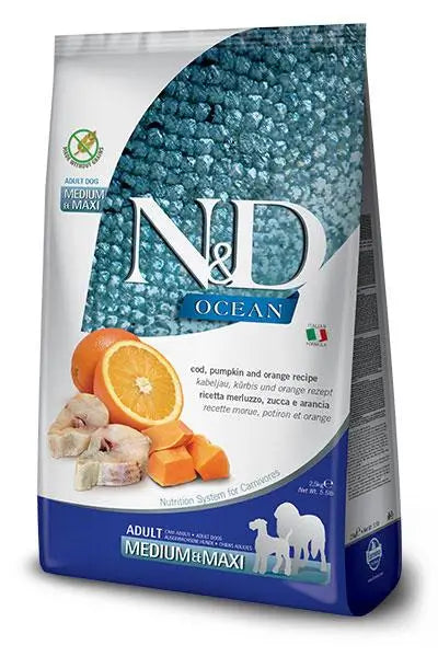 Farmina N&D Dog Ocean Calabaza Medium Maxi Bacalao 2,5Kg, pienso para perros