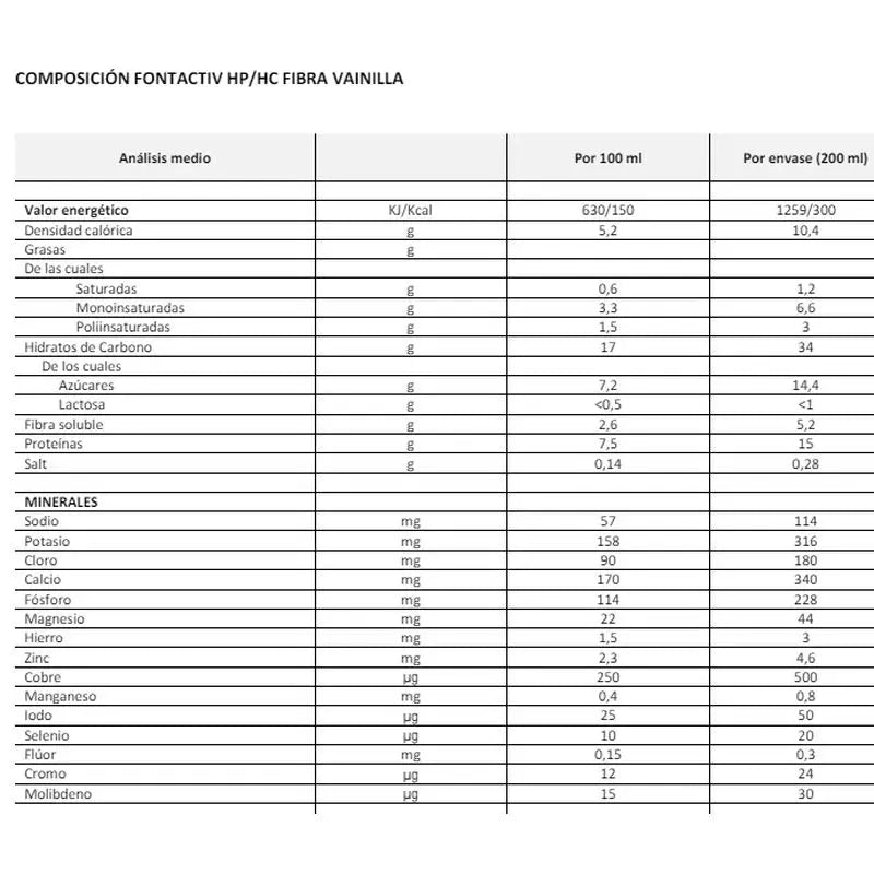 Fontactiv hp/hc Fibra Sabor Vainilla 200ml x 24 Botellas