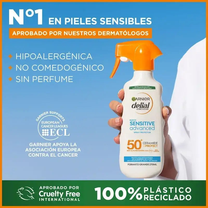 Garnier Delial Spray Protector Sensitive Advanced Ip50+ Para Pieles Claras, Sensibles E Intolerantes Al Sol, 270Ml