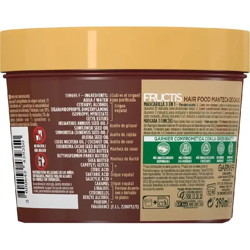 Garnier Fructis Hair Food Manteca De Cacao Mascarilla 3 En 1 Reparadora De Rizos Para Cabello Rizado Y Seco 400 Ml