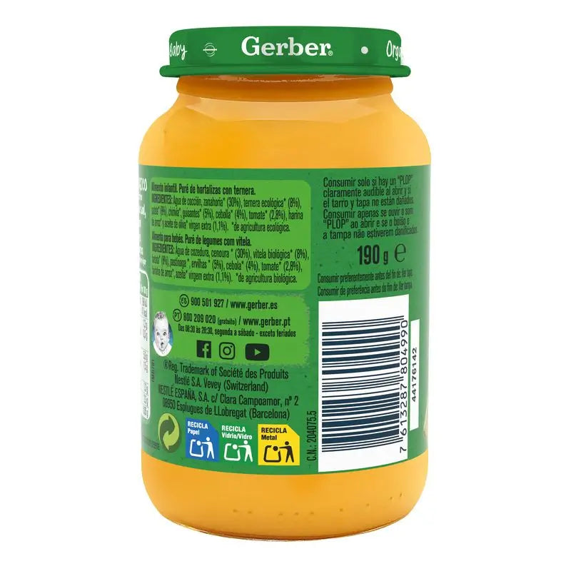 Gerber Organic hortalizas ternera, 190 gr