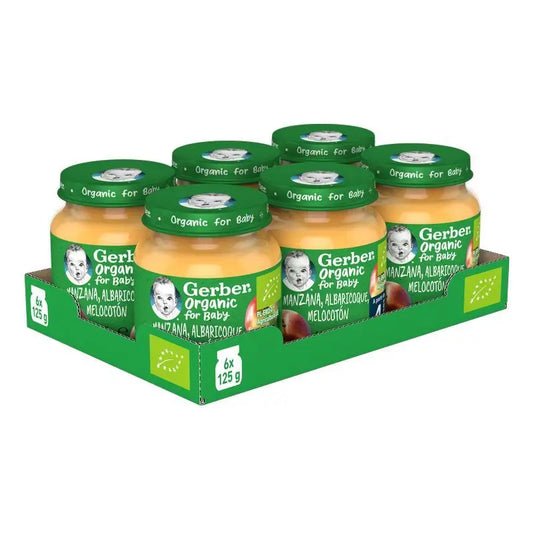 GERBER Pack Tarritos De Tarrito Orgánico Manzana, Albaricoque Y Melocotón , 125g x 6 unidades