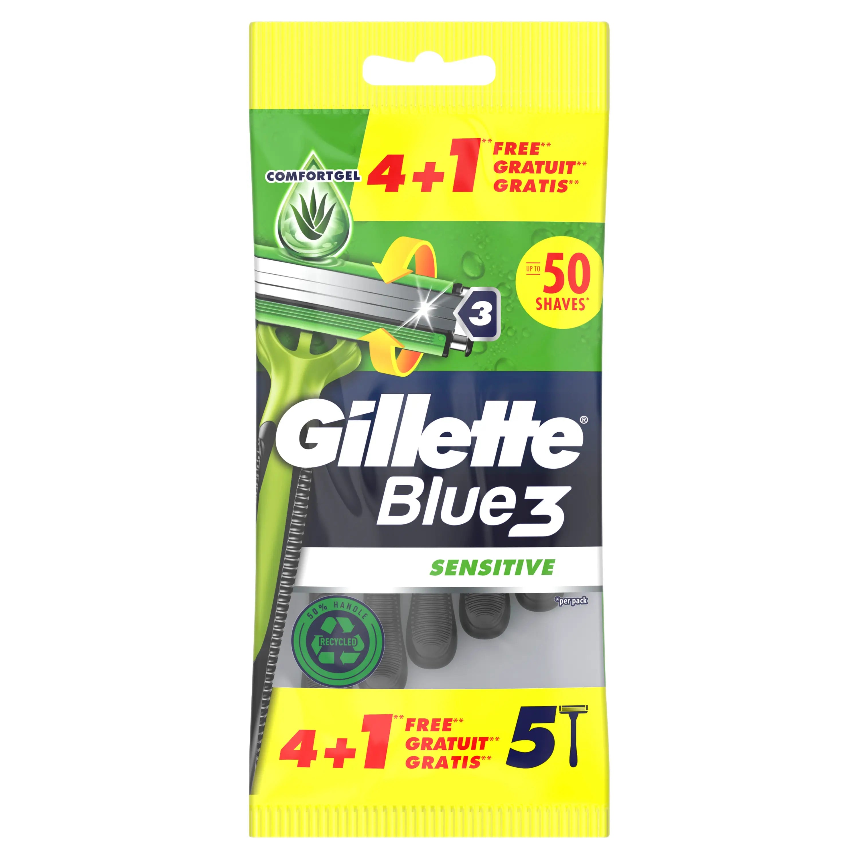 Gillette Blue3 Sensitive Maquinilla De Afeitar Desechable Para Hombre , 5 unidades