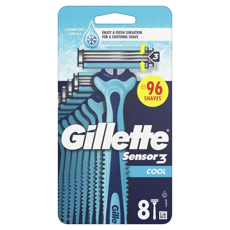 Gillette Sensor3 Cool Maquinillas Desechables Hombre Banda Lubricante Eucalipto, 8 unidades