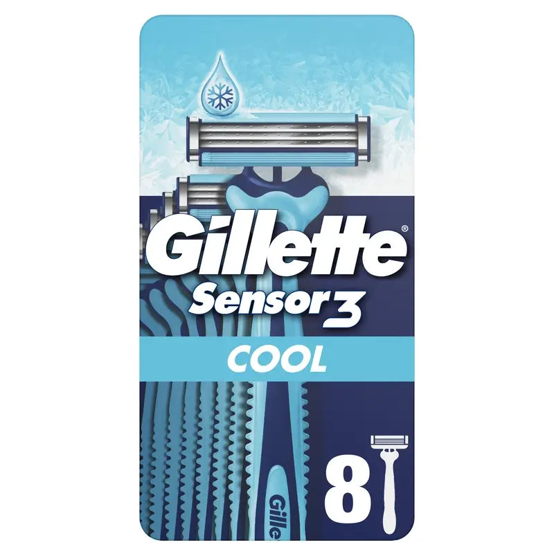 Gillette Sensor3 Cool Maquinillas Desechables Hombre Banda Lubricante Eucalipto, 8 unidades