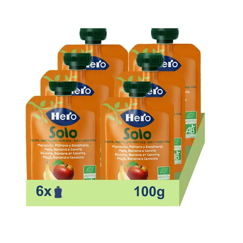 Hero Baby Pack Bolsita Eco Hero Solo Manzana, Plátano Y Zanahoria, 6 X 100 gr