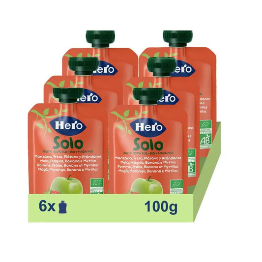 Hero Baby Pack Bolsita Eco Solo Manzana, Fresa, Plátano Y Arándanos, 6 X 100 gr