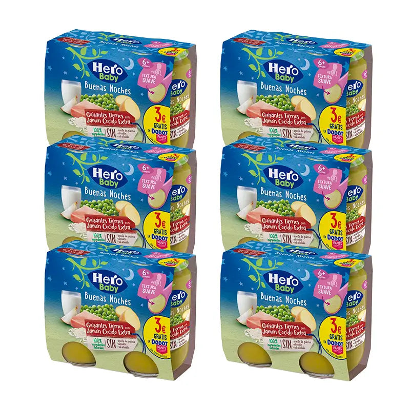 Hero Baby Pack Tarrito Bn Guisantes Tiernos Jamon Cocido Extra, 6 X 2X190 Gr