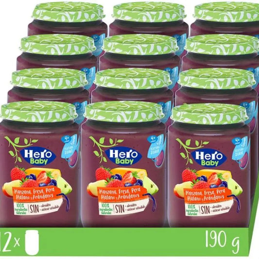 Hero Baby Pack 12X Tarrito Hero Baby Plátano, Manzana, Pera, Fresa Y Arándanos, 190g