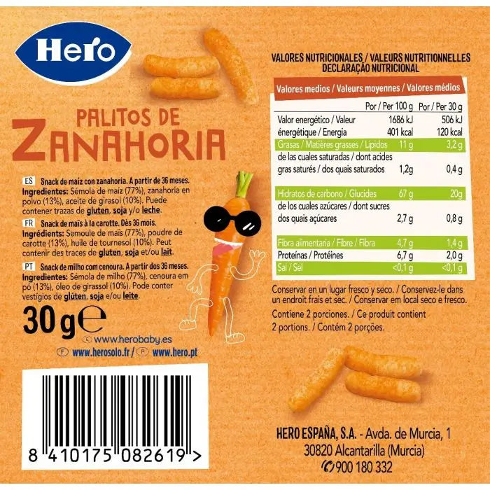 Hero Snack Kids Palitos Zanahoria  , 30 gr