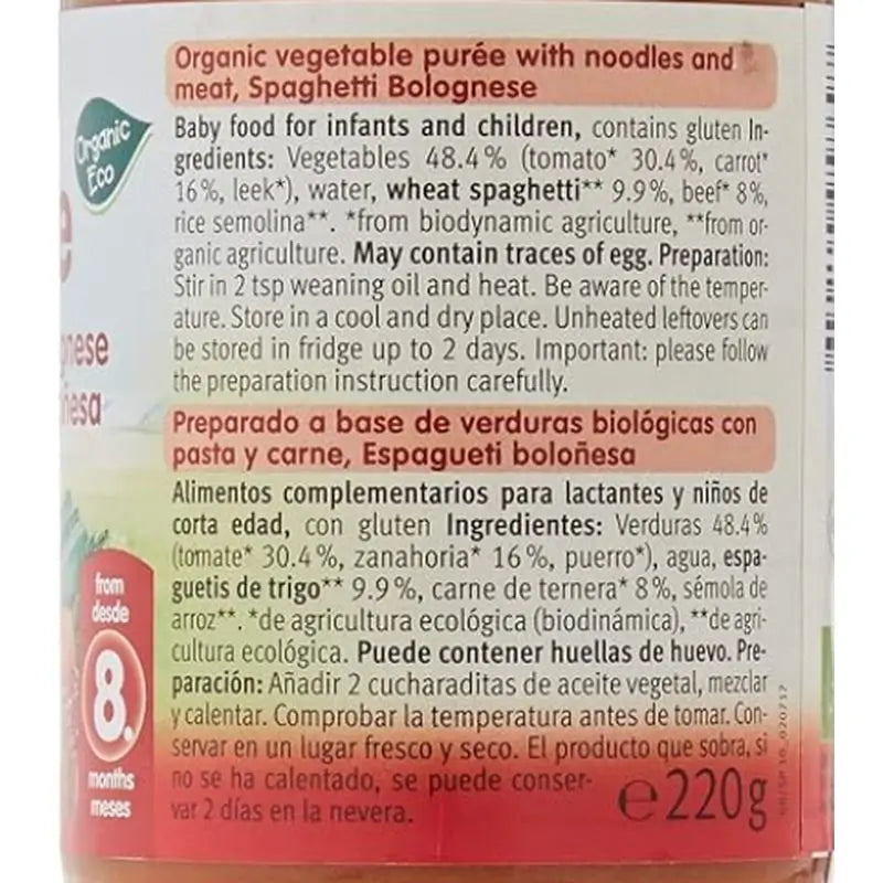 Holle Tarrito Espagueti Boloñesa Ecologico, 6x220 Gr