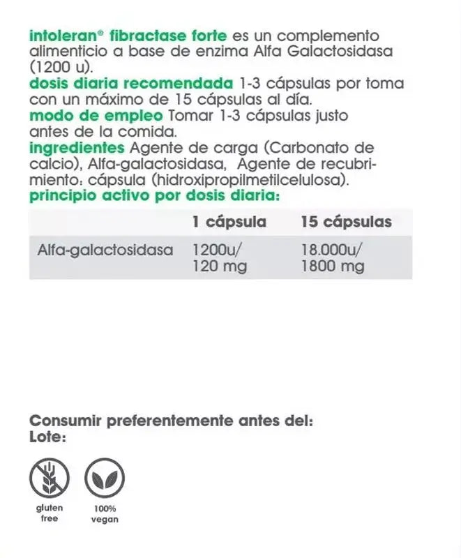 Intoleran Complemento Alimenticio Fibractase Forte  , 36 cápsulas