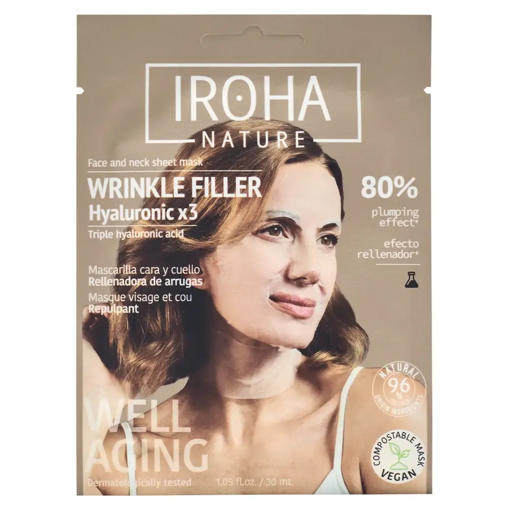 Iroha Nature Mascarilla Tisú Cara Y Cuello Rellenadora De Arrugas – Triple Ácido Hialurónico , 30 ml